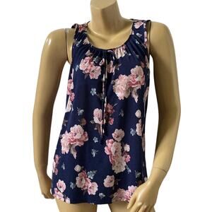 Naif Womens Medium Navy Floral Sleeveless Tie Front Blouse Boho Tank Top Stretch